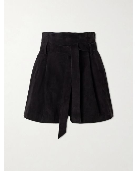 Galvan Black Livia Belted Pleated Suede Shorts