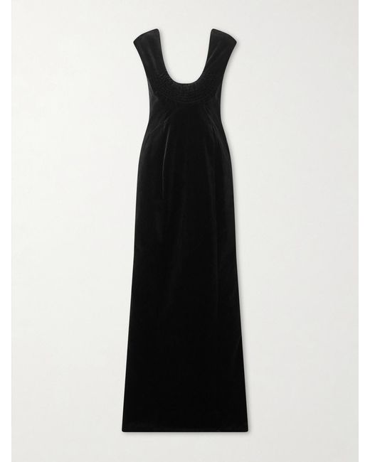 Colleen Allen Black Shirred Cotton-Velvet Gown