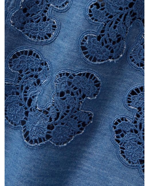 Miguelina Blue Alegra Schlaghose Aus Baumwoll-Chambray Mit Besätzen Aus Guipure-Spitze Mit Wellenkanten