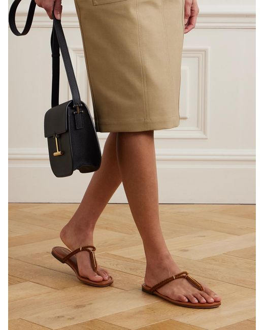 Tom Ford Brown Lily Leather-Trimmed Embellished Braided Suede Sandals