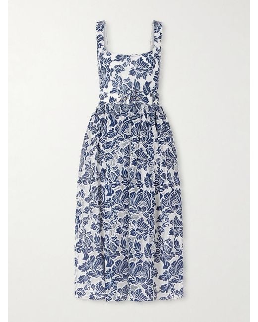 Borgo De Nor Blue Mackenzie Belted Lace-Paneled Cotton-Blend Midi Dress
