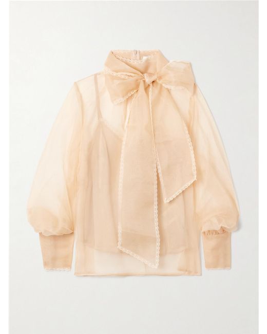 Zimmermann Natural Pussy-Bow Lace-Trimmed Silk-Organza Blouse
