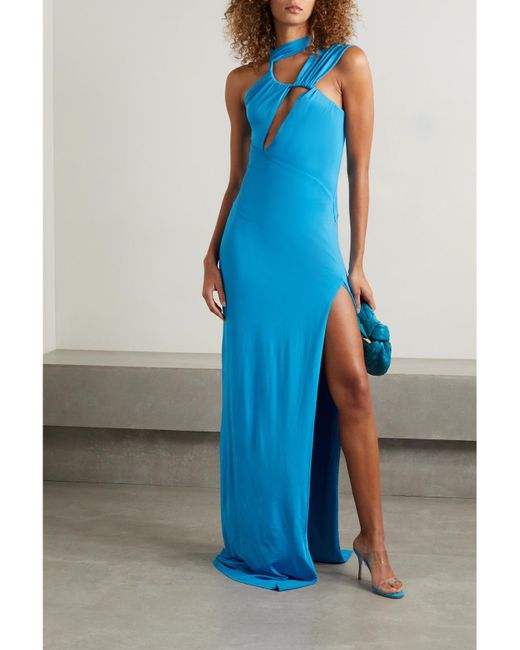 Et Ochs Blue One-Shoulder Cutout Ruched Stretch-Jersey Gown