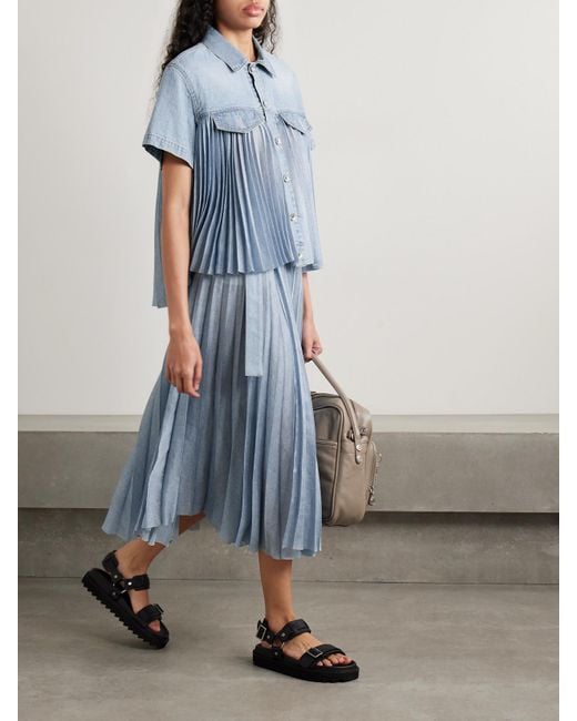 Sacai Blue Wrap-Effect Denim-Paneled Pleated Printed Crepe De Chine Midi Skirt