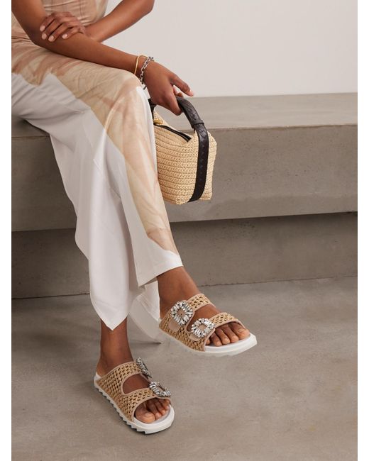 Roger Vivier Natural Slidy Viv Crystal-Embellished Suede-Trimmed Raffia Slides