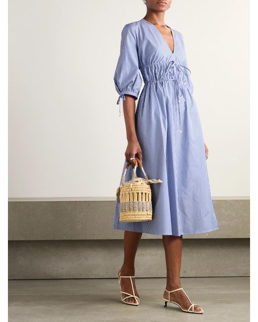 Altuzarra Blue Donrine Faux Pearl-Embellished Tie-Detailed Striped Cotton Midi Dress