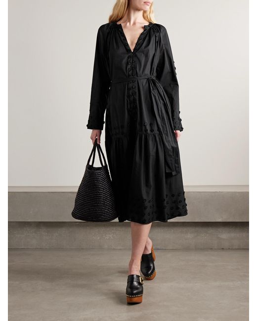 Ulla Johnson Black Emera Belted Appliquéd Cotton-Voile Midi Dress
