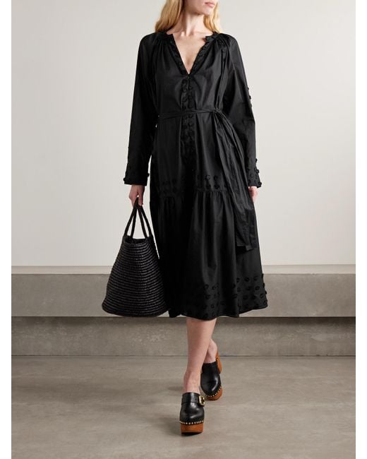 Ulla Johnson Black Emera Belted Appliquéd Cotton-Voile Midi Dress