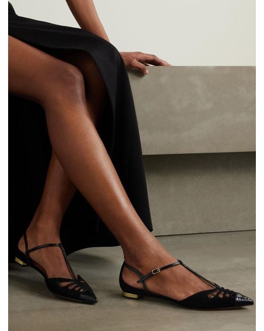Aquazzura Black Camille Patent Snake-Effect Leather-Trimmed Cutout Suede Point-Toe Flats