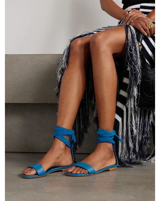 Manolo Blahnik Blue Chastanaflat Lace-Up Suede And Leather Sandals