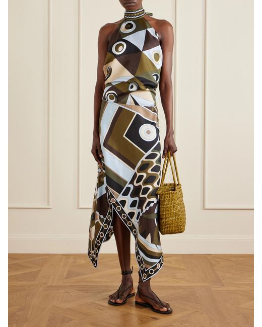 Emilio Pucci White Asymmetric Printed Silk-Twill Maxi Skirt