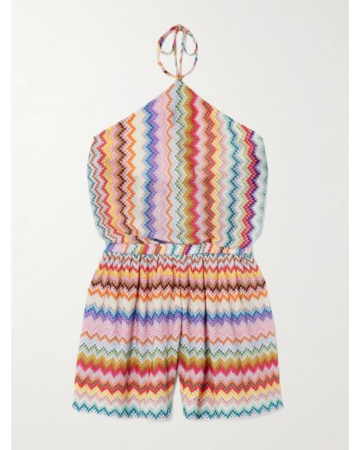 Missoni White Mare Striped Metallic Crochet-Knit Halterneck Playsuit
