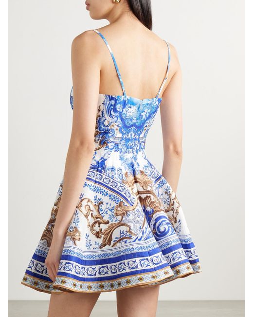 Camilla Blue Pleated Printed Linen And Silk-Blend Mini Dress