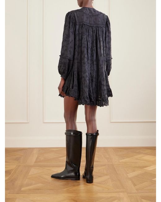 Isabel Marant Blue Zame Ruffled Embroidered Cotton And Silk-Blend Mini Dress