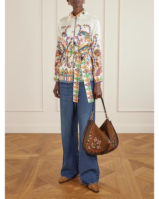 Etro White Safari Belted Paisley-Print Satin-Twill Jacket