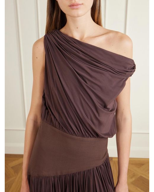 Abadia Brown Gwen One-Shoulder Asymmetric Draped Jersey-Trimmed Stretch-Bamboo Maxi Dress