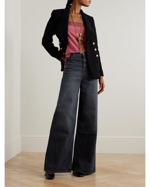 Chloé Blue Leather-Trimmed High-Rise Wide-Leg Jeans