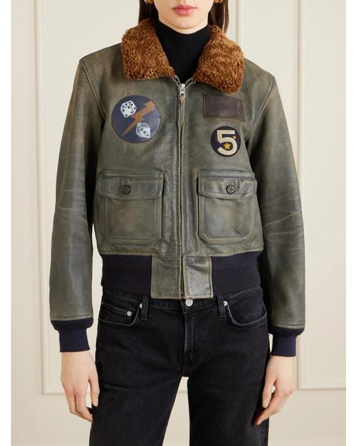 RRL Green Harper Plush-Trimmed Appliquéd Leather Bomber Jacket