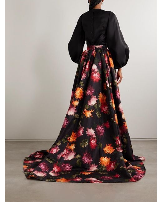 Carolina Herrera Red Pleated Floral-Print Faille Maxi Skirt