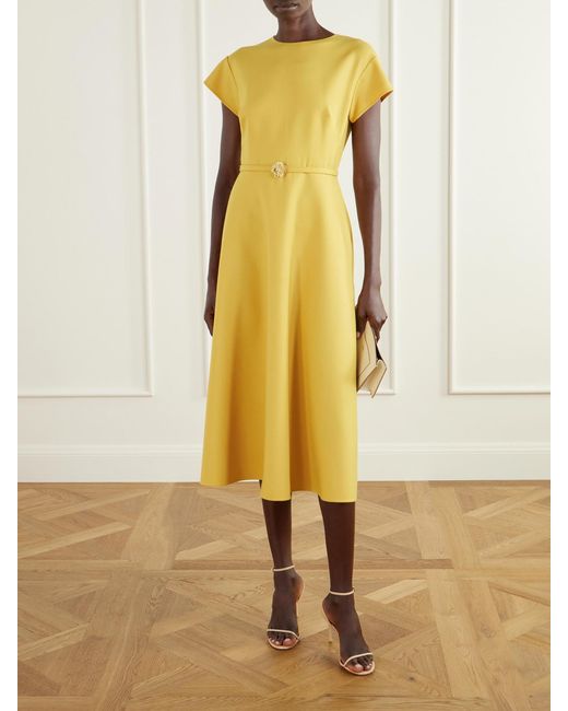 Oscar de la Renta Yellow Belted Wool-Blend Cady Midi Dress
