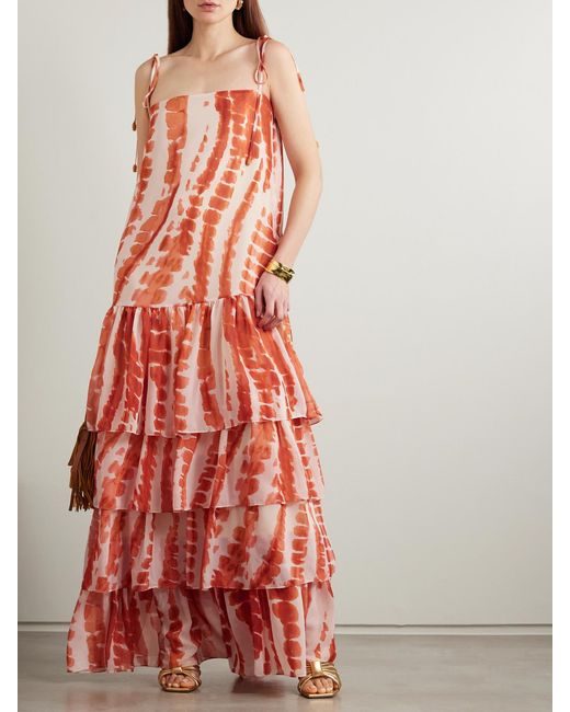 ANDRES OTALORA White Tha Embellished Tiered Printed Recycled-Chiffon Maxi Dress