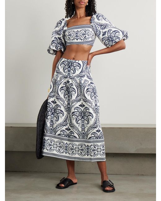 Farm Rio Blue Tripical Cameo Shirred Printed Linen Midi Skirt