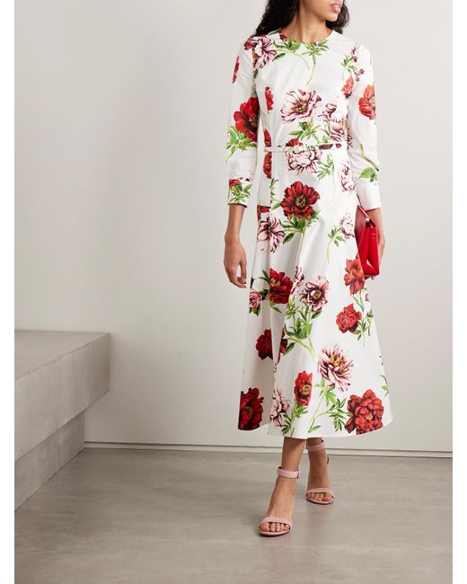 Oscar de la Renta White Midikleid Aus Popeline Aus Einer Baumwollmischung Mit Blumenprint Und Gürtel