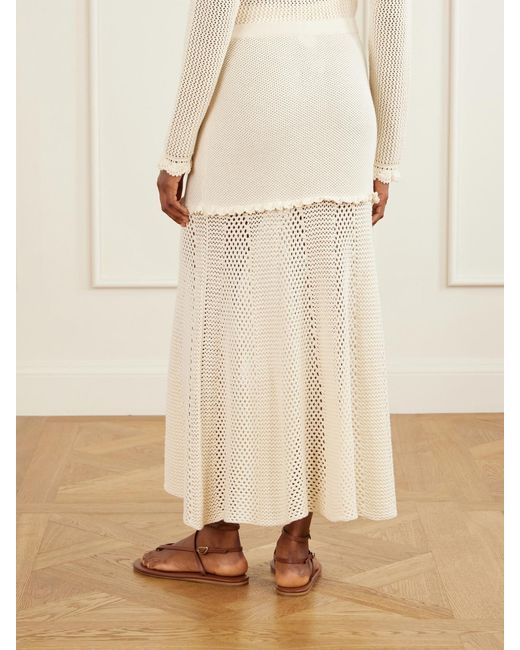 Escvdo White Mural Crocheted Cotton Midi Skirt