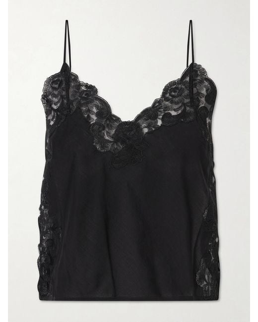 Loretta Caponi Black Oriana Lace-Trimmed Cotton Tank