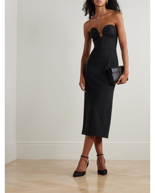 Carolina Herrera Black Strapless Ruched Wool-Blend Midi Dress