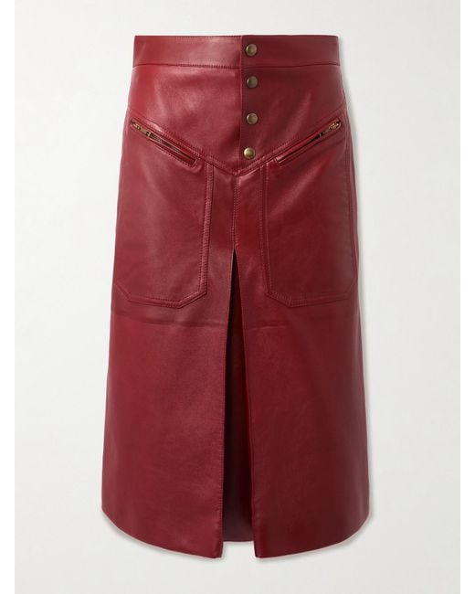 Chloé Red Pleated Paneled Leather Midi Skirt