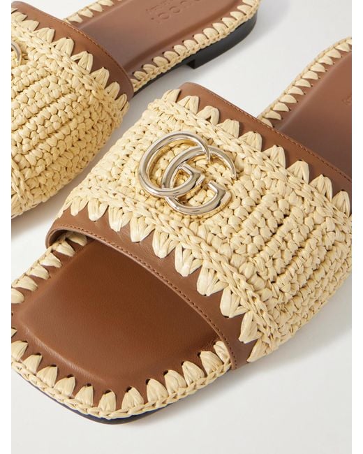 Gucci White Marmont Gg Leather And Raffia Slides