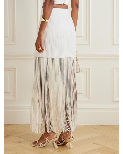 ANDRES OTALORA Natural Aurora Stutil Fringed Embroidered Cotton-Twill Maxi Skirt