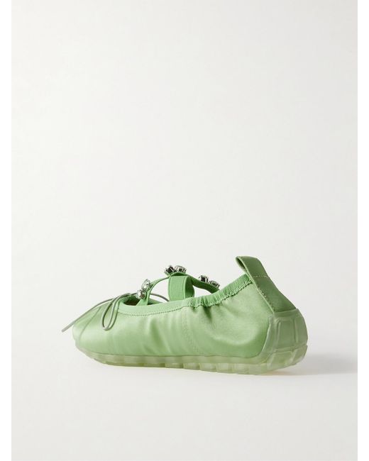 Simone Rocha Green Grosgrain-Trimmed Crystal-Embellished Pleated Satin Ballet Flats