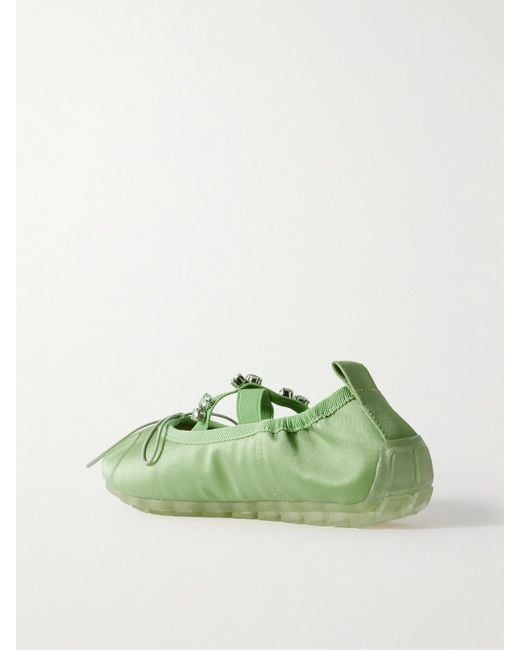 Simone Rocha Green Grosgrain-Trimmed Crystal-Embellished Pleated Satin Ballet Flats
