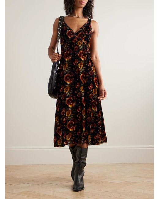 R13 Black Floral-Print Velvet Midi Dress