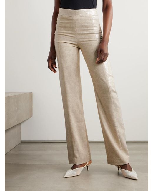 ‎Dima Ayad White Sequined Canvas Straight-Leg Pants