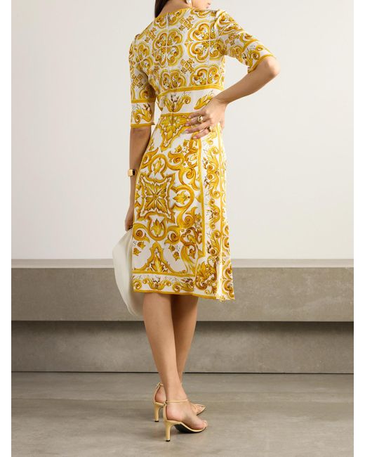 Dolce & Gabbana Yellow Maiolica Midikleid Aus Bedruckter Charmeuse Aus Einer Seidenmischung
