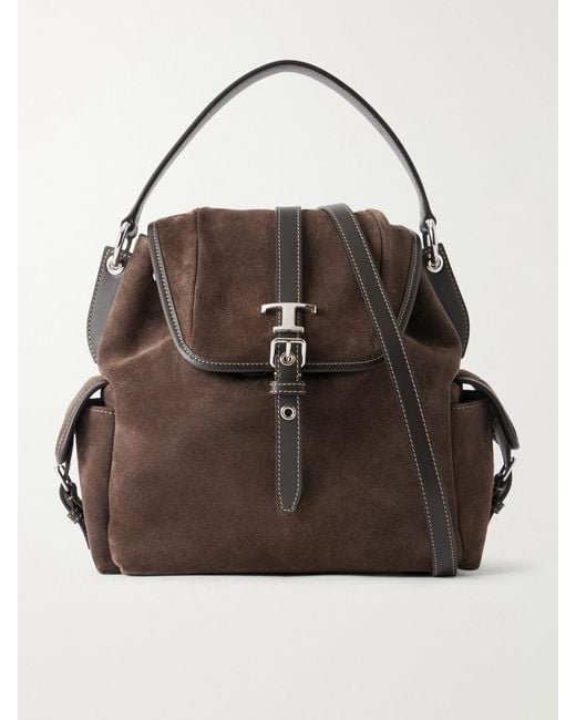 Tod's Brown Tim Zaino Mini Leather-Trimmed Suede Shoulder Bag