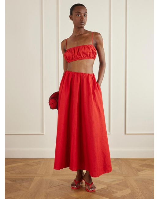Staud Red Milano Linen Maxi Skirt