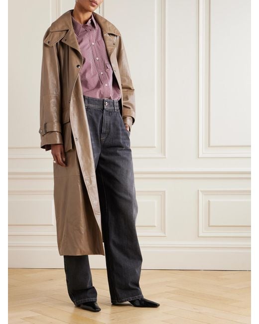 Brunello Cucinelli Natural Bead-Embellished Belted Double-Breasted Leather Trench Coat