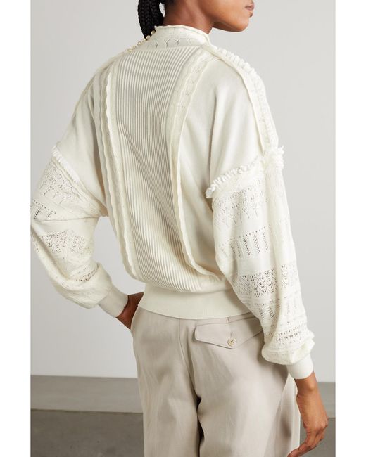 James Purdey & Sons White Embellished Lace-Trimmed Pointelle-Knit Cashmere Sweater