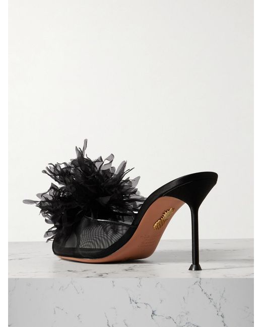 Aquazzura Black Poème 85 Embellished Organza And Leather-Trimmed Mesh Mules