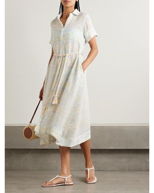 Lisa Marie Fernandez White Belted Linen-Blend Tweed Midi Shirt Dress