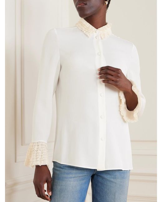 Valentino Garavani White Lace-Trimmed Silk-Georgette Shirt