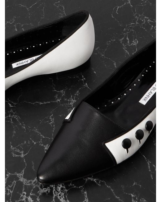 Manolo Blahnik White Seleuka Button-Embellished Leather Point-Toe Flats