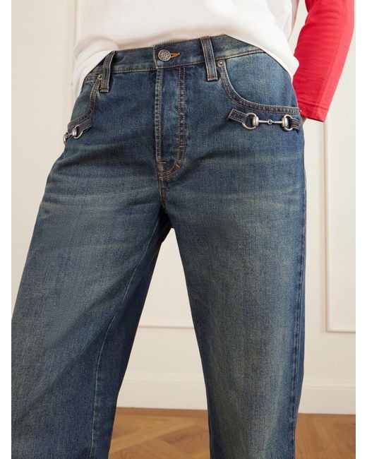 Gucci Blue Horsebit-Embellished Mid-Rise Wide-Leg Jeans
