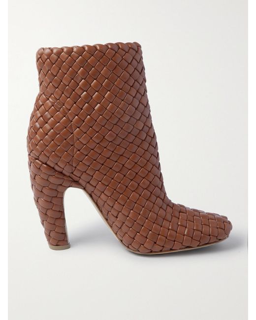 Bottega Veneta Brown Mini Lido Intrecciato Leather Ankle Boots