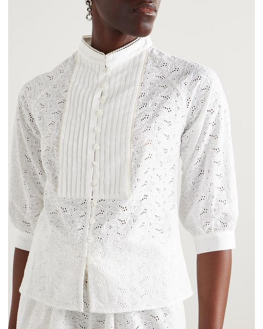 Loretta Caponi White Brunella Pintucked Broderie Anglaise Cotton Blouse