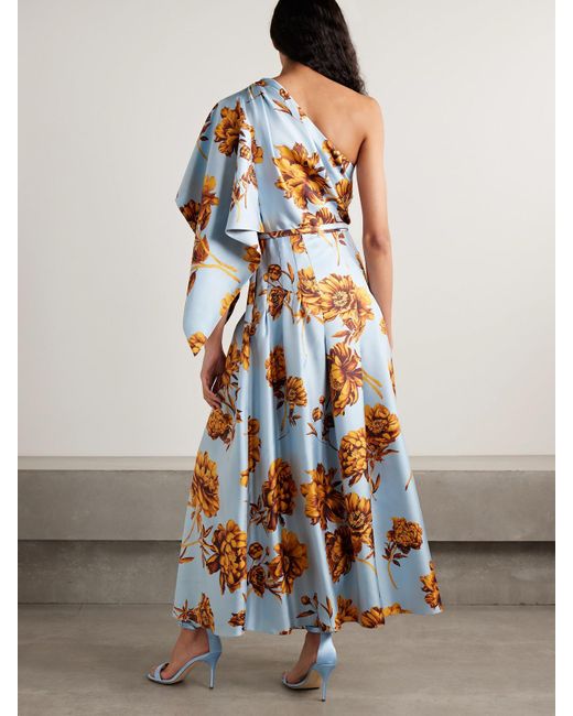 Oscar de la Renta White One-Shoulder Belted Draped Floral-Print Silk-Twill Midi Dress